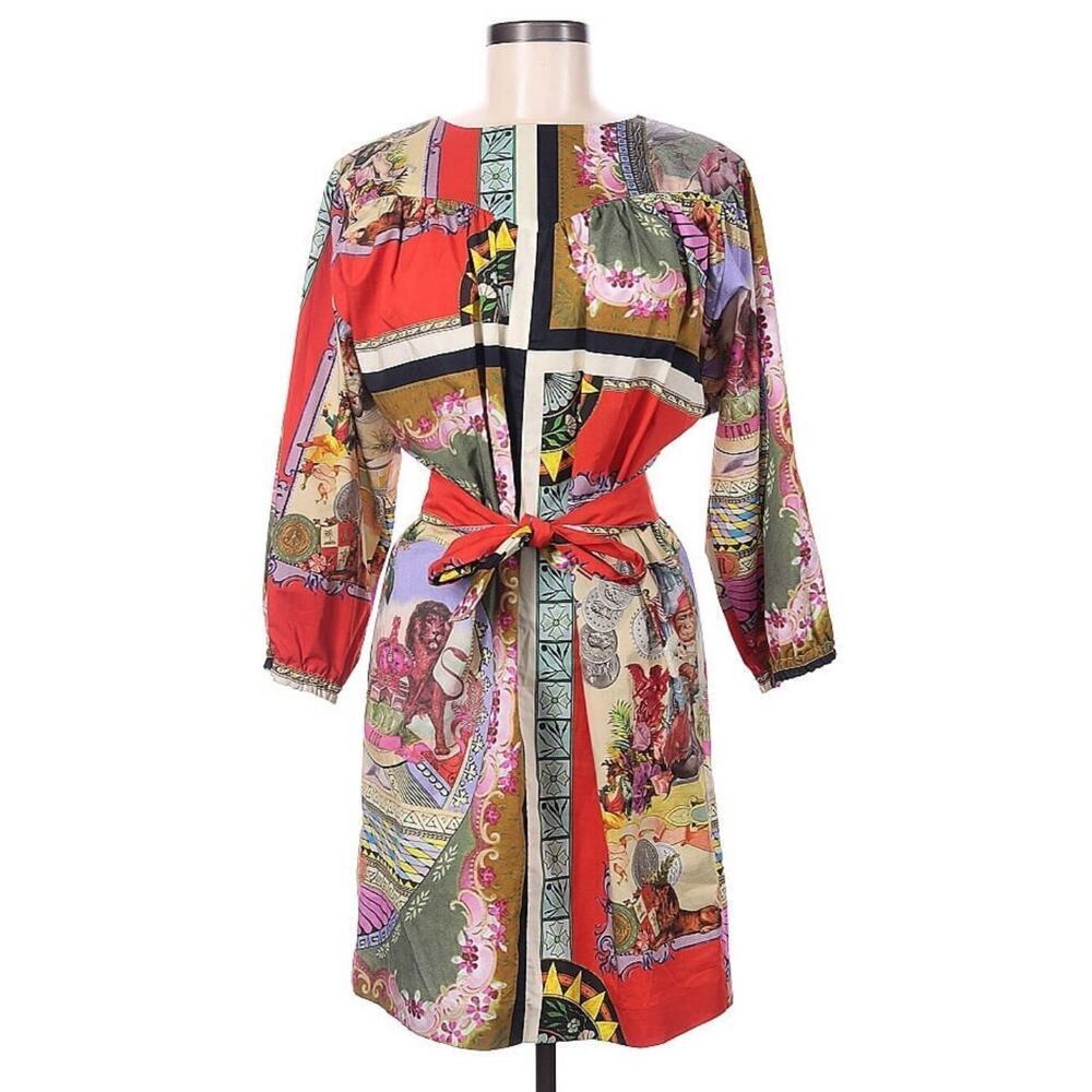 ETRO Circus Print Dress 40 US 4 S M Long Sleeve Belted Cotton Mini Knee $1700